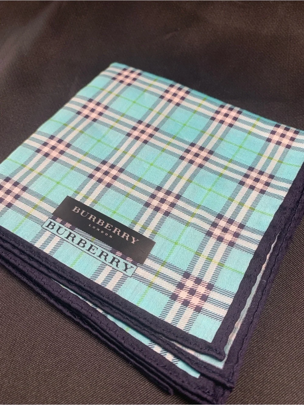 Burberry Plaid Handkerchief in Aqua Blue and Navy Trim